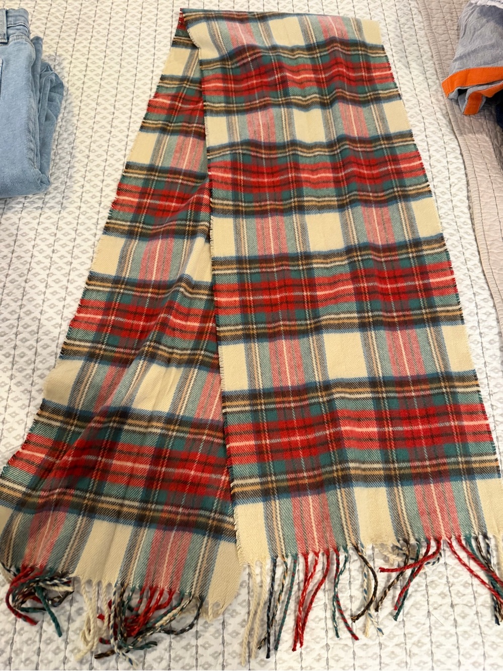 D&Y Cream, Red & Green Plaid Fringe Scarf